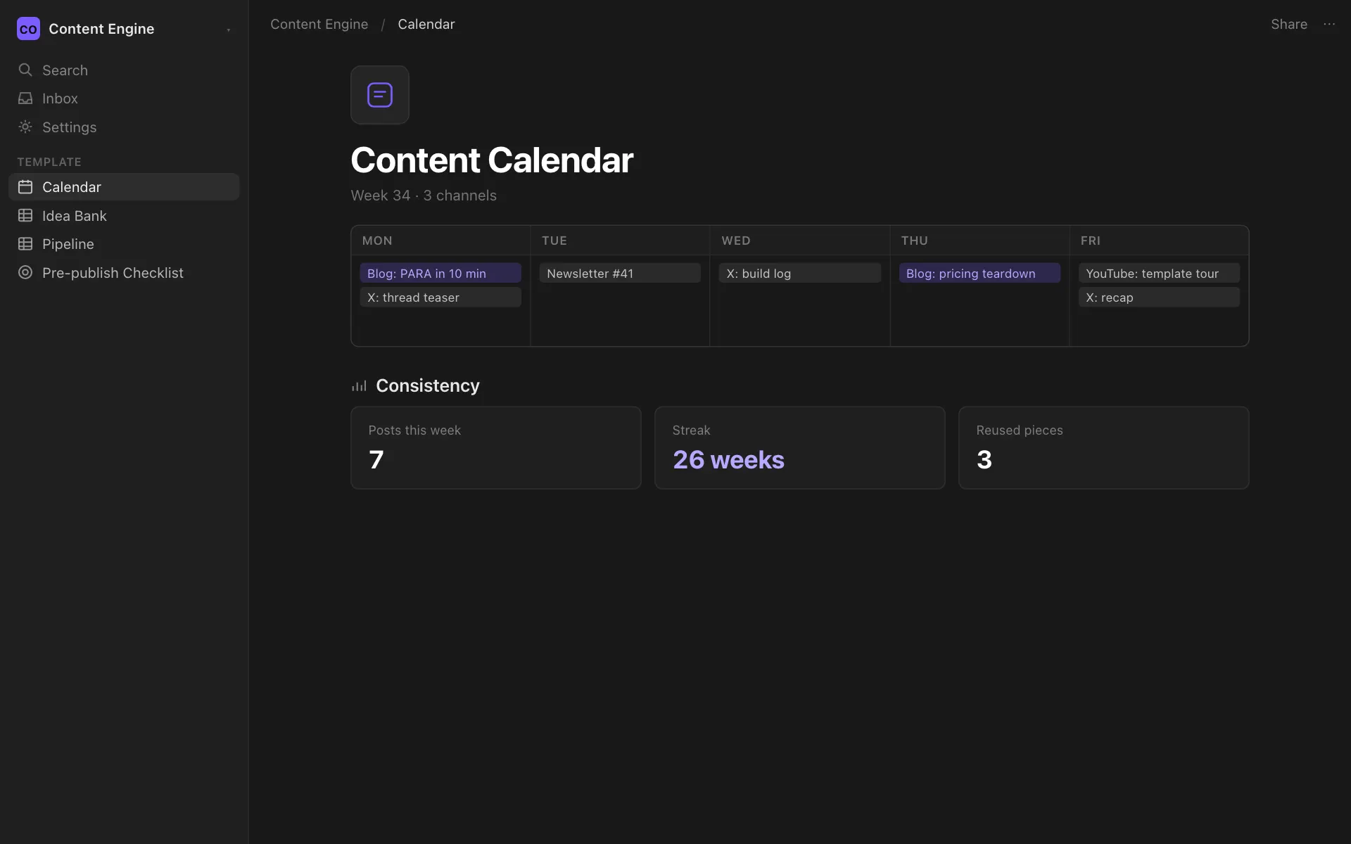 Скриншот шаблона Content Engine в Notion: контент-календарь