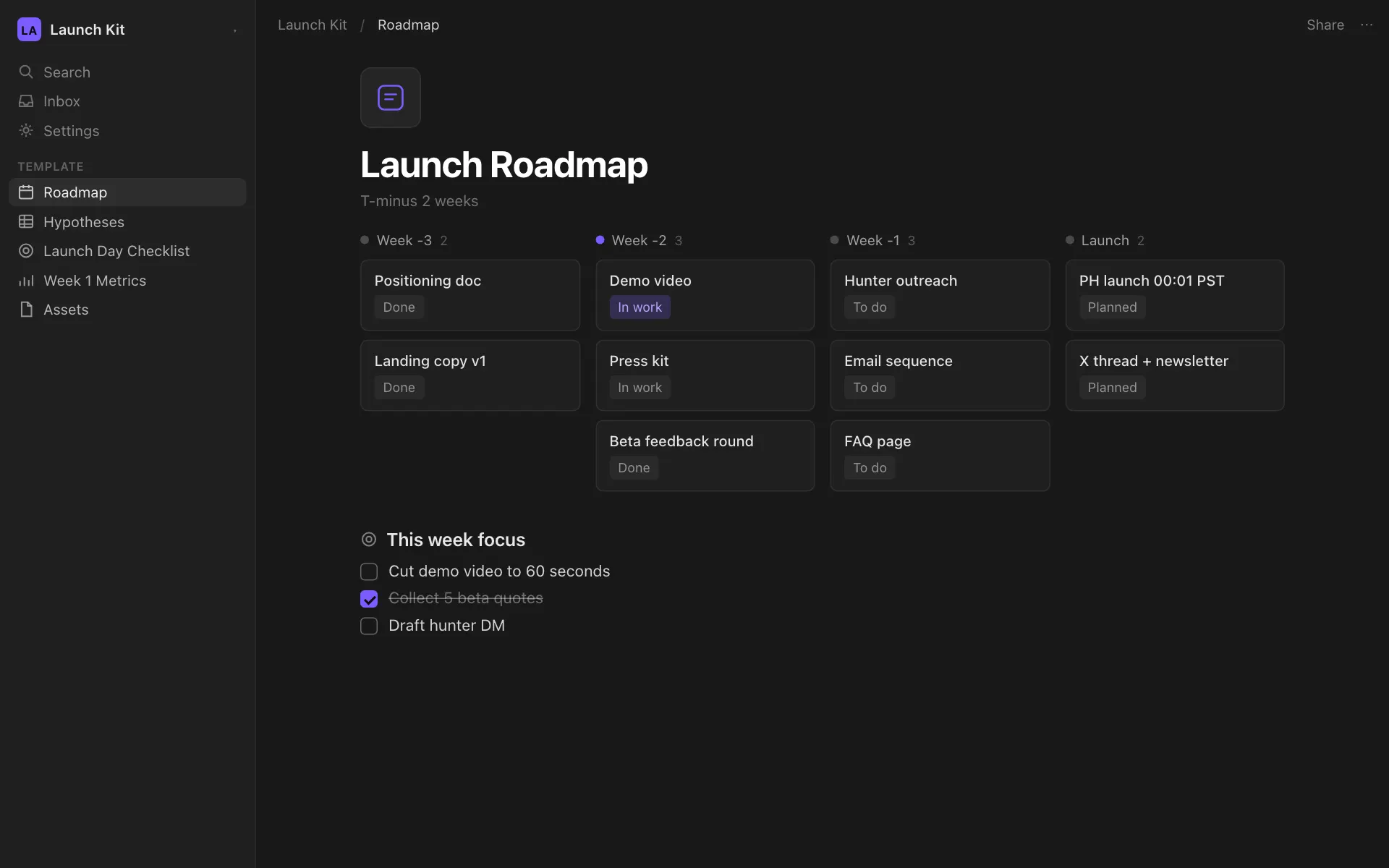 Скриншот шаблона Launch Kit в Notion: роадмап запуска